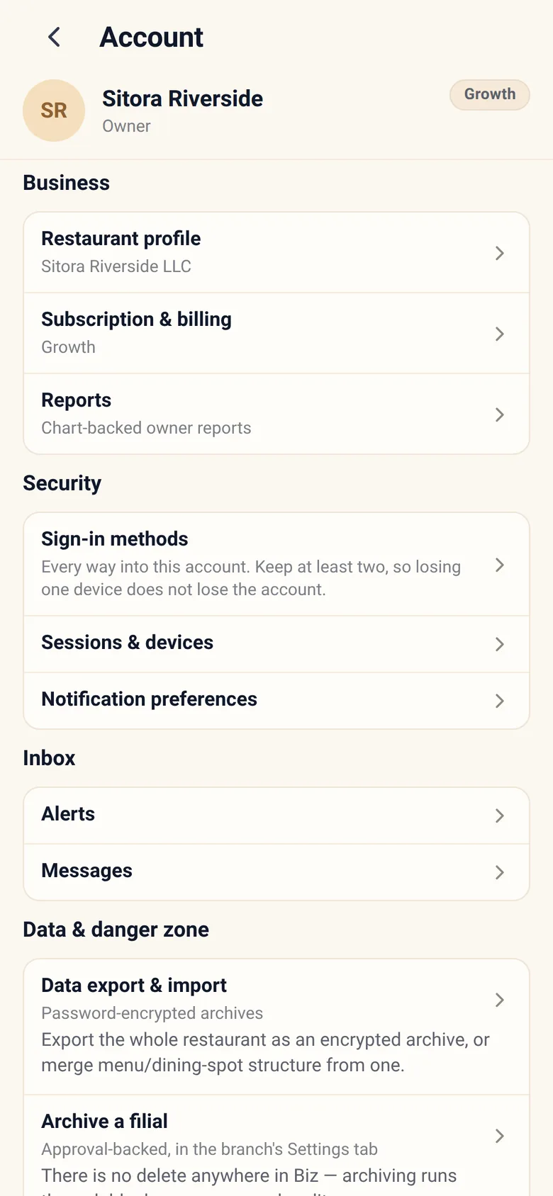 The owner account screen: plan, profile and reports.