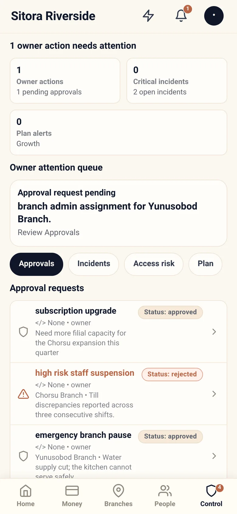 The control screen with approvals and the audit trail.