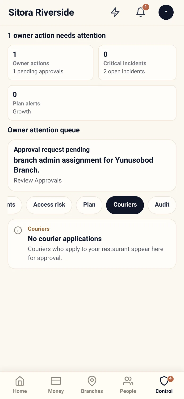 Courier applications waiting for the restaurant's approval.