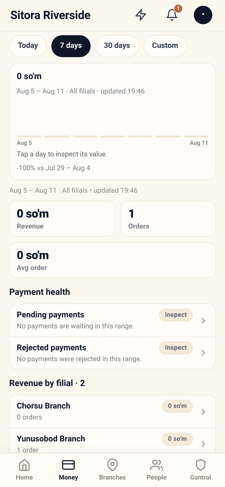 The owner's money screen with revenue and transactions.