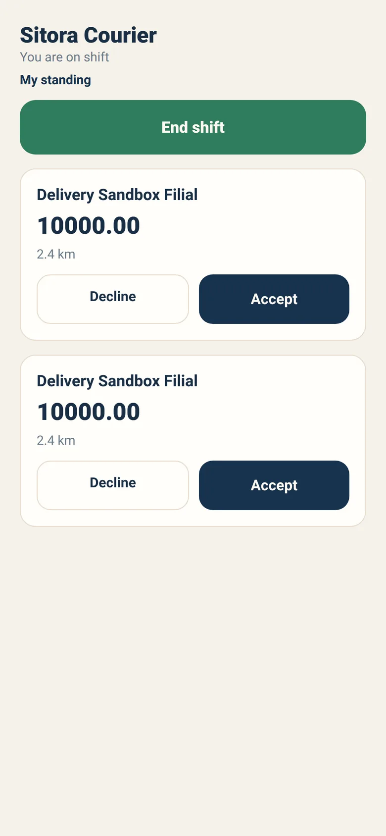 Delivery offers waiting for the courier to accept or decline.