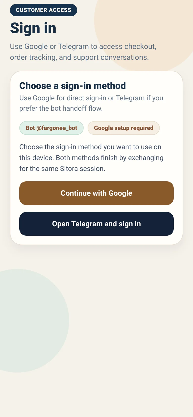 The Sitora Courier sign-in screen.