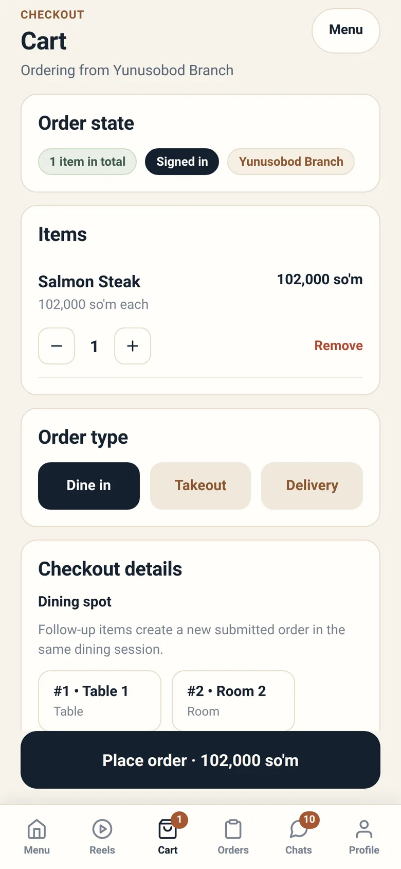 The cart with checkout details and the order total.