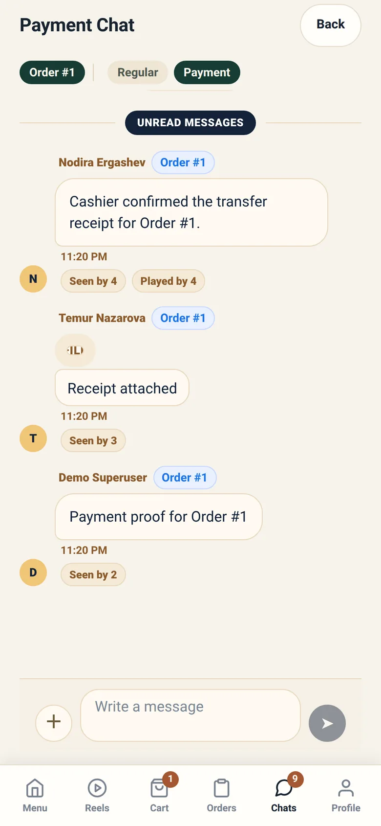 A chat with the restaurant about an order.