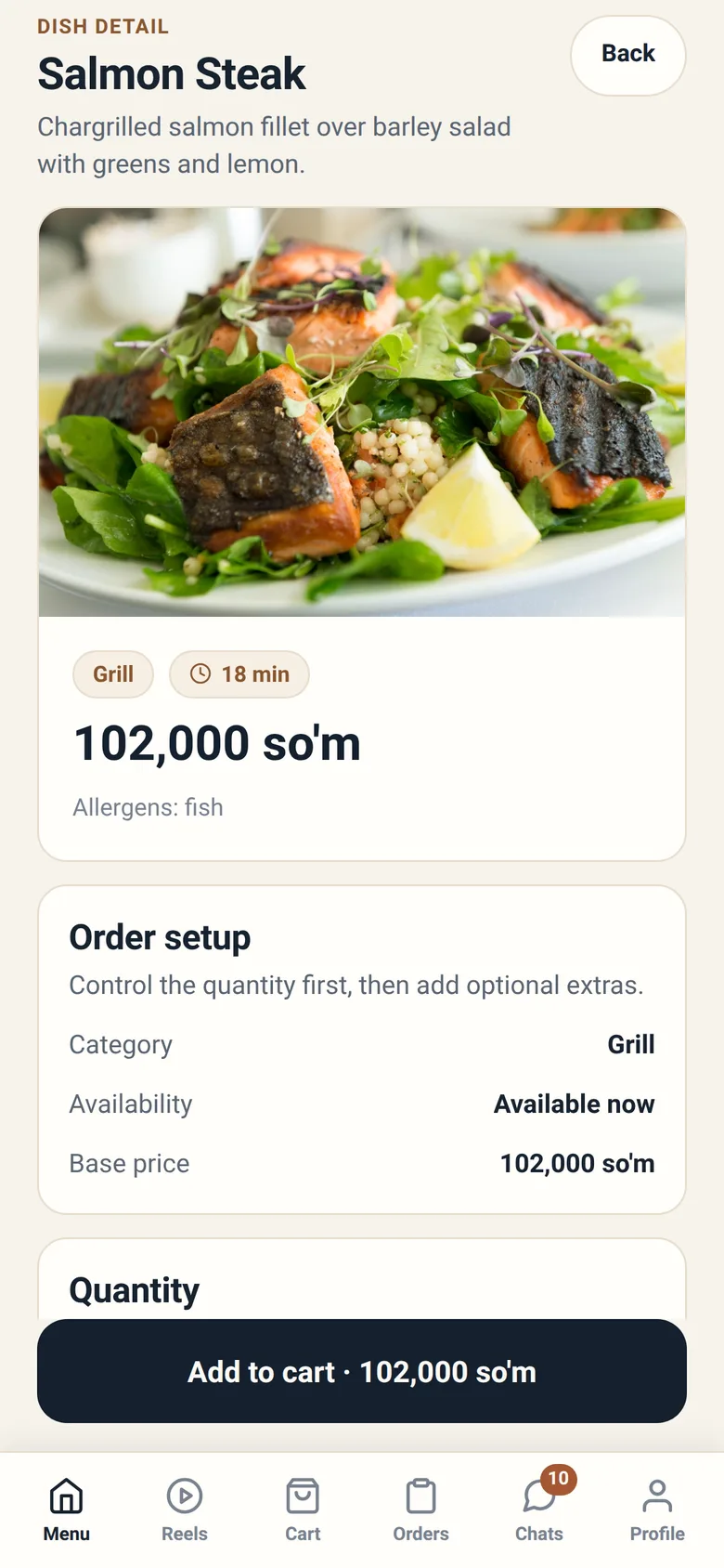 A dish page showing price, preparation time and options.