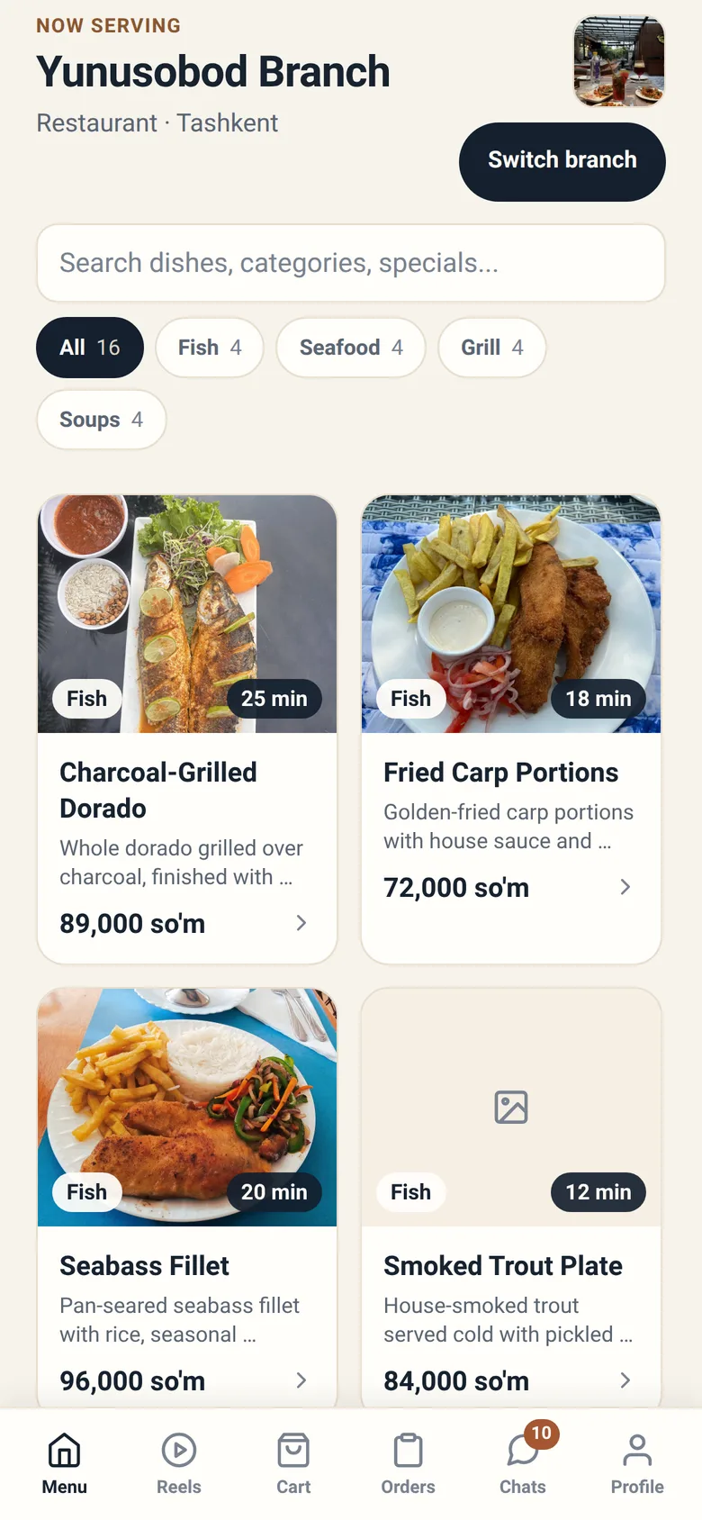 The menu screen with dish categories and search.