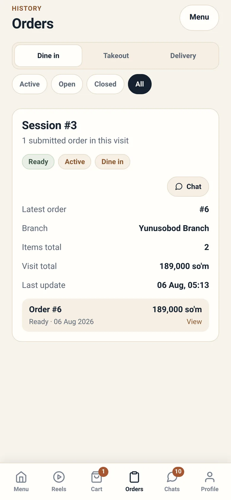 The orders list showing tracking and past visits.