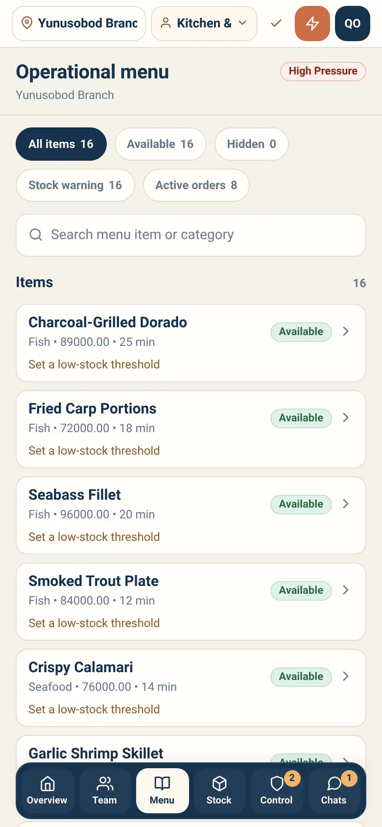 Branch-level menu control: availability, price, prep time.