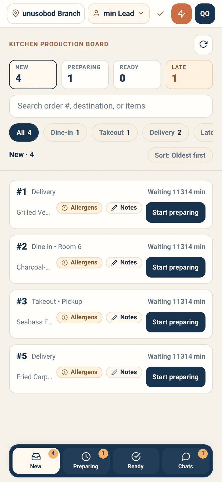 The kitchen production board with its ticket columns.