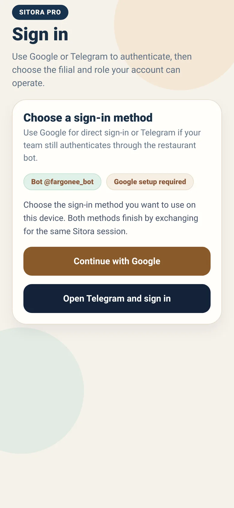 The Sitora Pro sign-in screen.